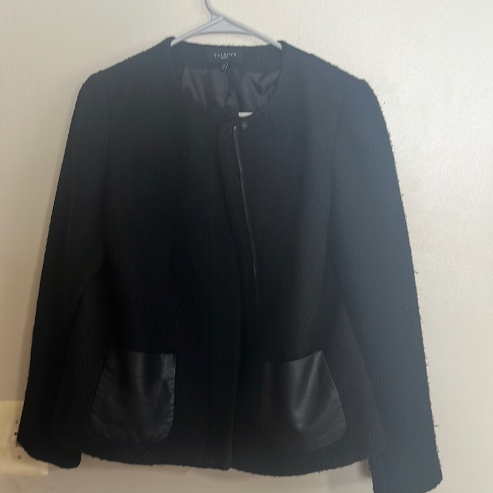 Talbots Vegan Leather and Boucle Jacket Black Size 12 Petite Pockets Black coat
